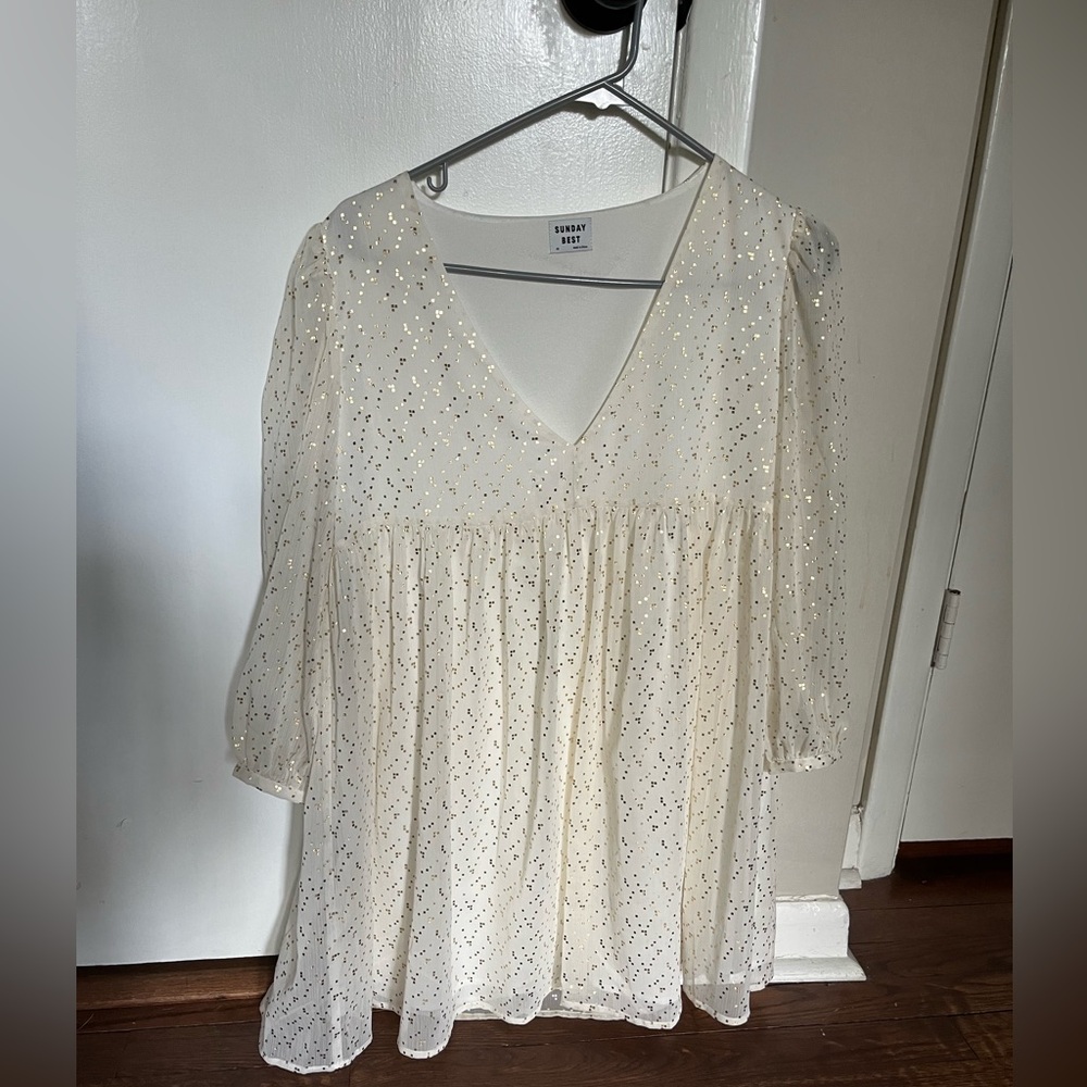 Aritzia Sunday Best XS Babydoll Gold Glitter White Mini Dress - Perfect for NYE
